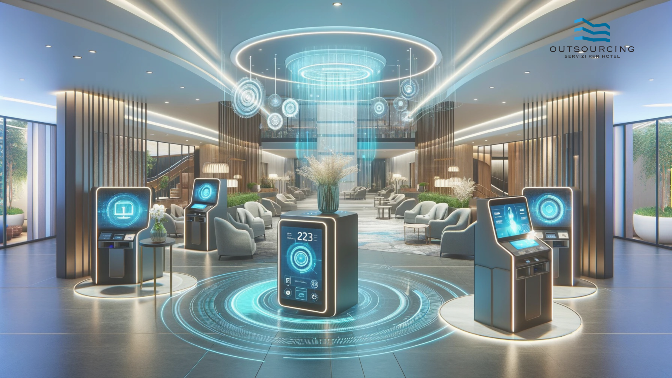 sofisticato e moderno lobby di hotel con elementi tecnologici avanzati